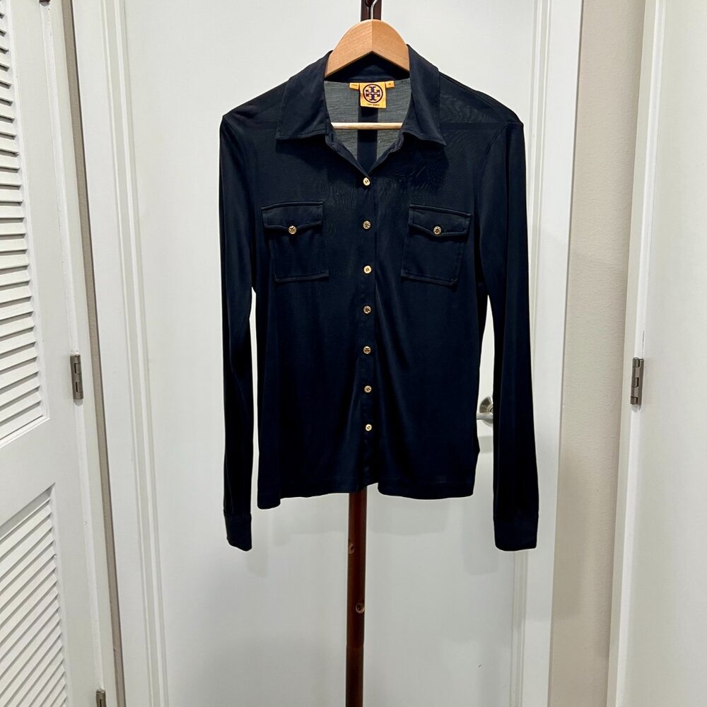 Tory Burch - Long Sleeve Knit Jersey Button Down Shirt Size Medium - Navy